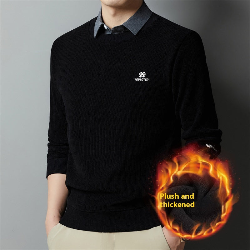Casual Trend Men's Clothing Fleece-lined Thickened False Two-piece Sweaters