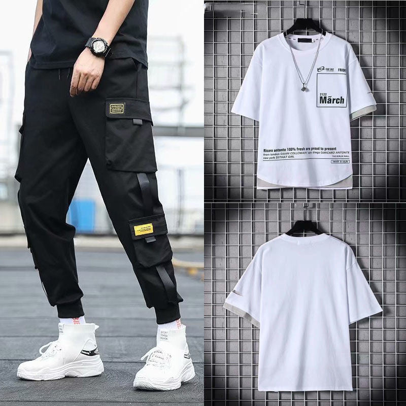 Men’s Two-Piece Hip-Hop Summer Set – Loose Overalls with Hooded Top