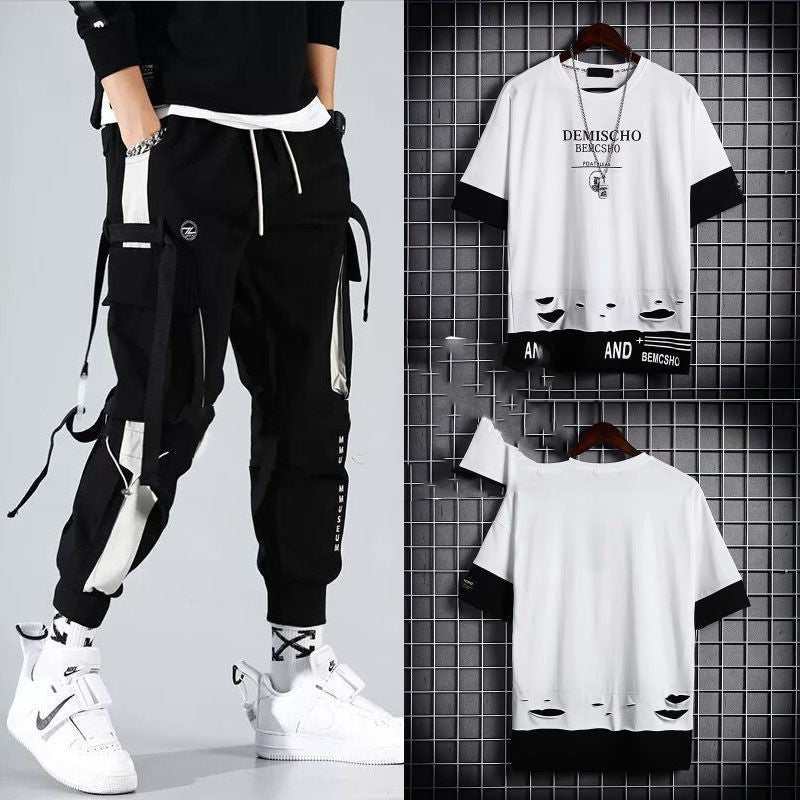 Men’s Two-Piece Hip-Hop Summer Set – Loose Overalls with Hooded Top
