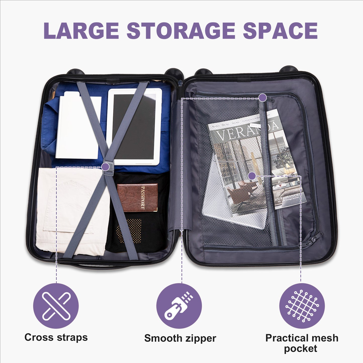 V-Striped 3-in-1, PP Trolley Case, 20in 24in 28in, Fashionable Colour - Taro Purple