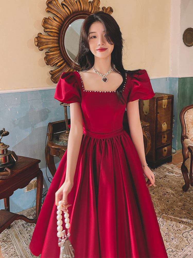 Regal Romance Puff Sleeve Pearl-Trimmed Dress – Wine Red