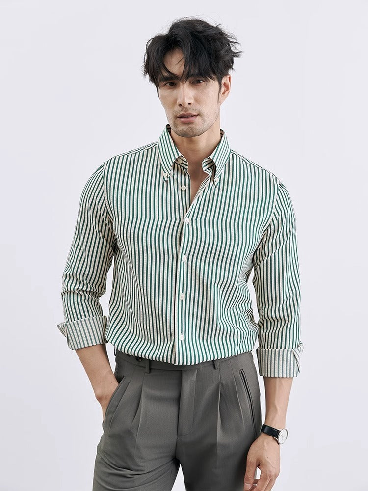 Men’s Korean-Style Vertical Stripe Business Casual Shirt – Modern Slim Fit
