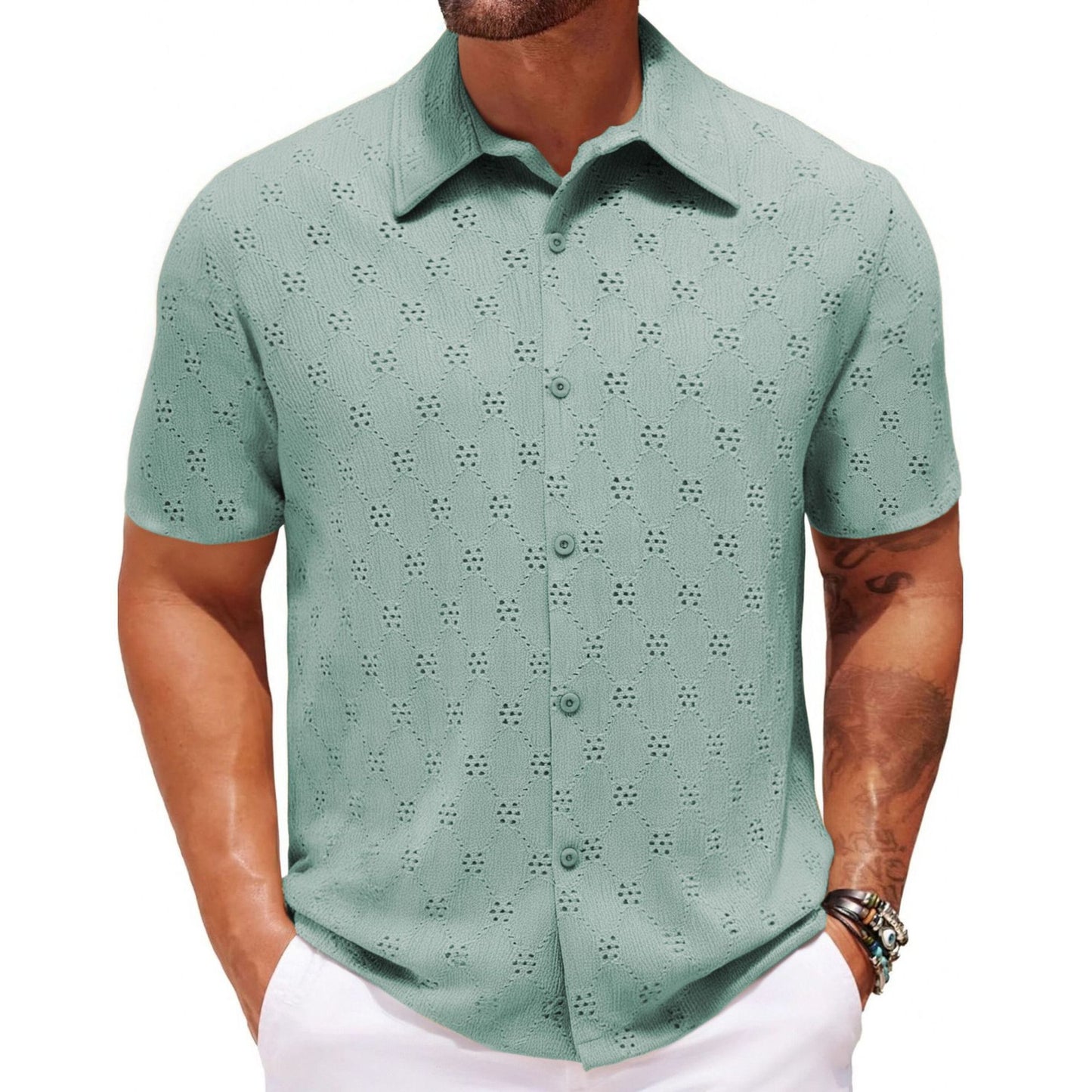 Men’s Hollow Jacquard Short-Sleeve Shirt – Breathable Summer Knit
