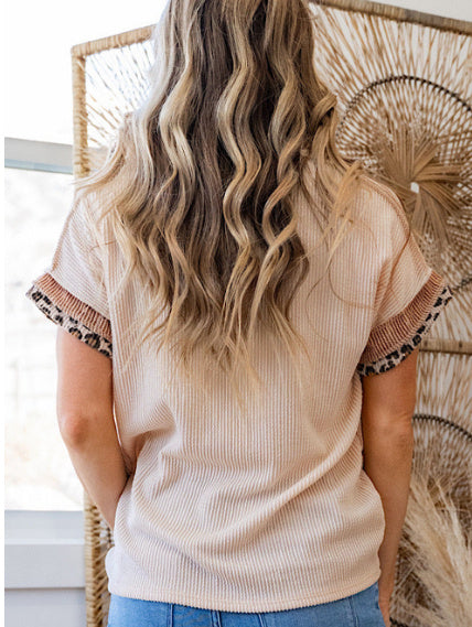 Jet Stream Leopard Patchwork Corded Knit Crew Neck T Shirt