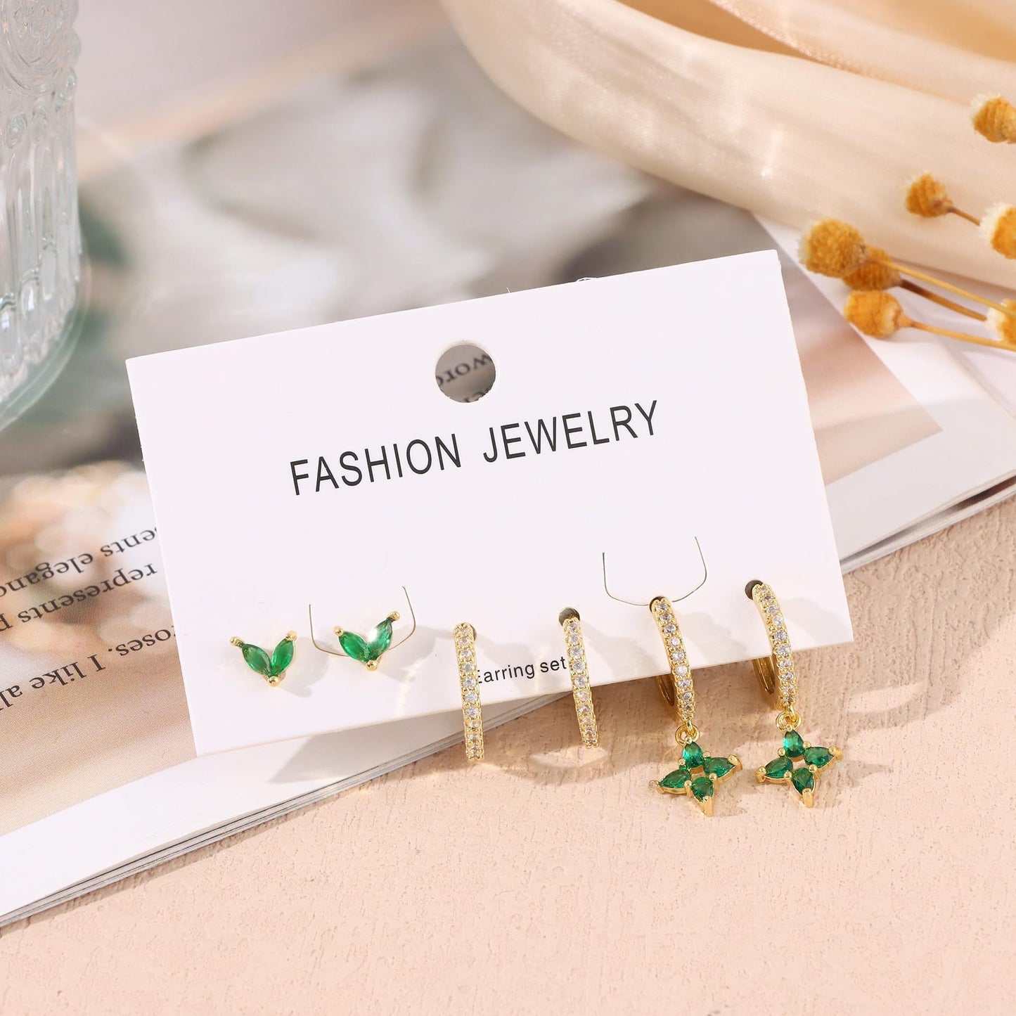 Green Inlaid Zircon Fashion Women's Earrings Three-piece Set