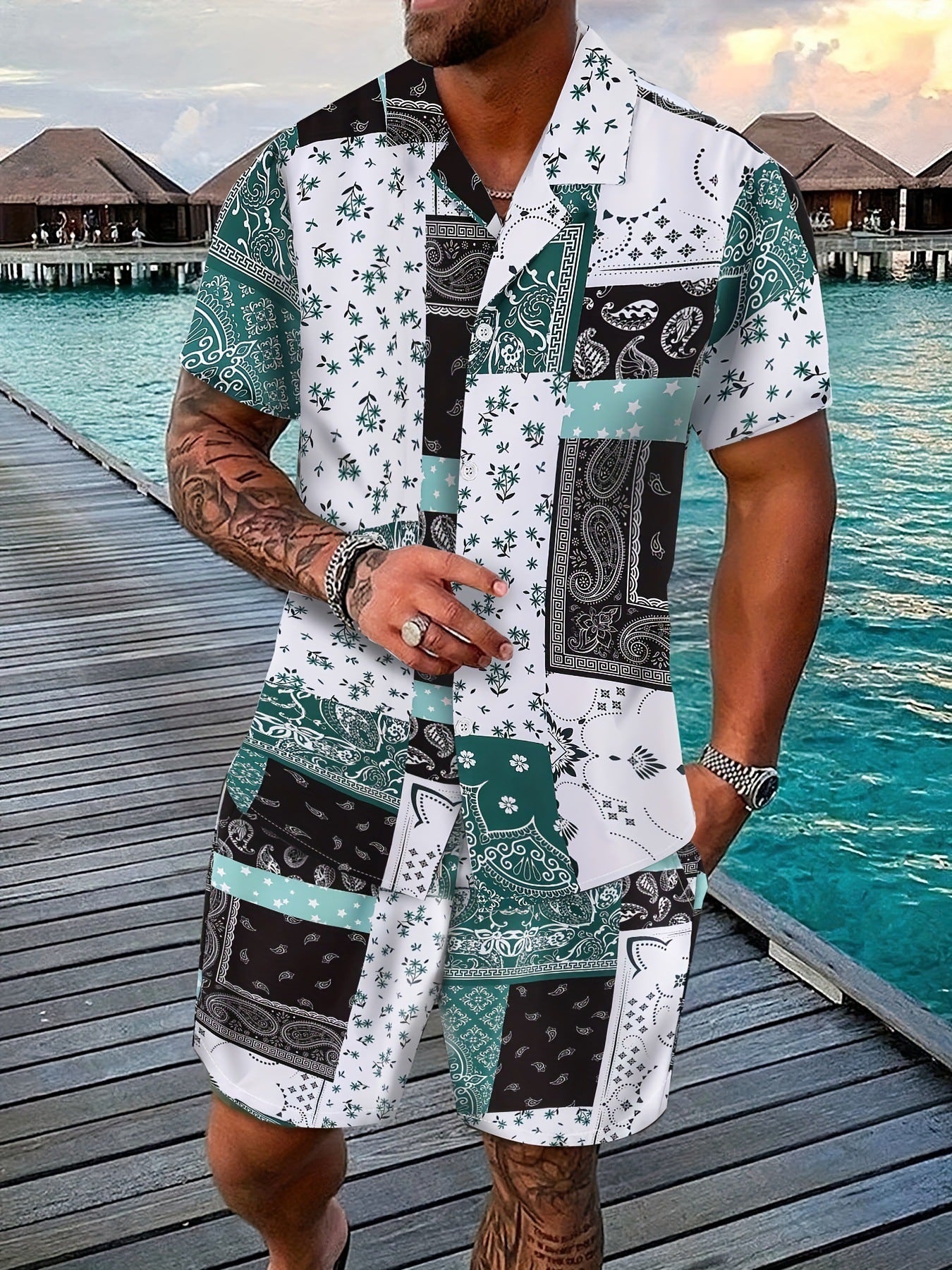 Men’s Coconut Tree 3D-Print Beach Two-Piece Set – Shirt & Shorts Vacation Outfit