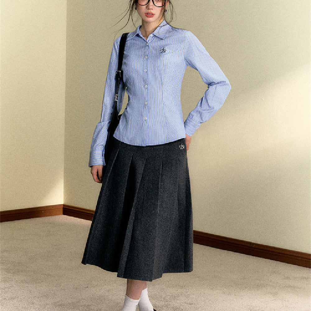College Style Striped Lapel Shirt, Waist Cinched Long Sleeved Top