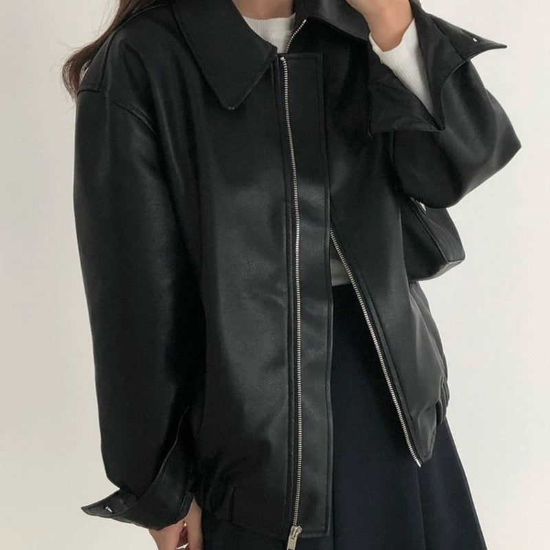 Casual Long Sleeve Leather Coat Women