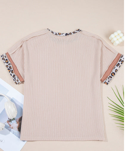 Jet Stream Leopard Patchwork Corded Knit Crew Neck T Shirt