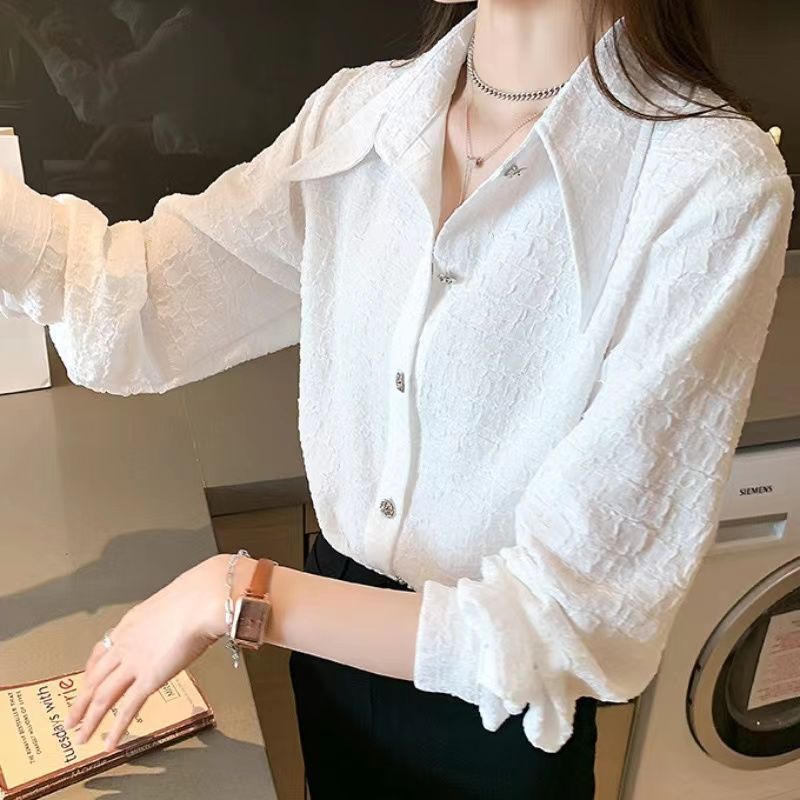 Pointed Collar Shirt Chiffon Design Loose Bandage Dress White Base Shirt
