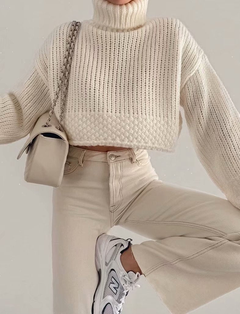 Retro Half High Neck Lantern Sleeve Sweater