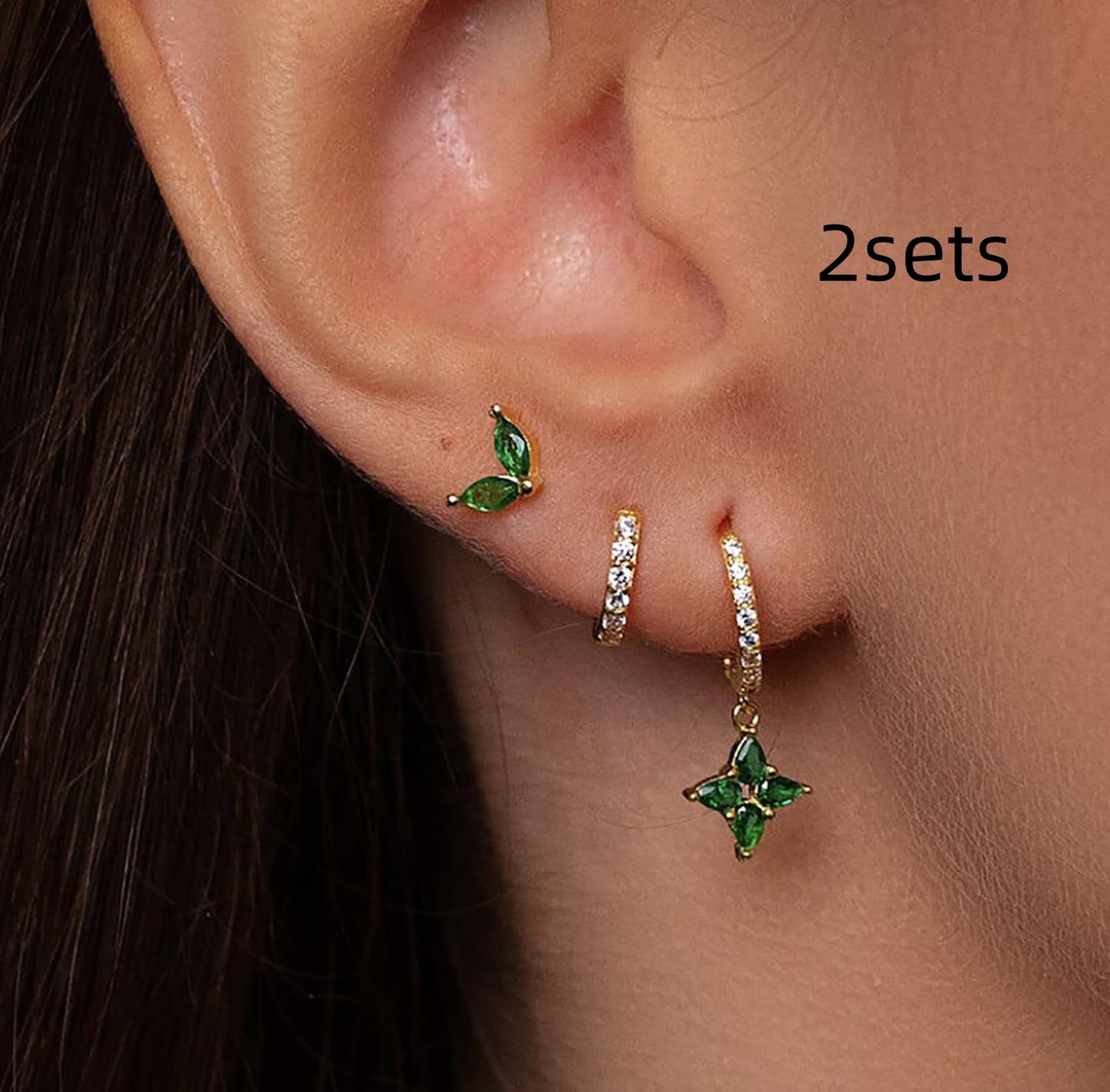 Green Inlaid Zircon Fashion Women's Earrings Three-piece Set