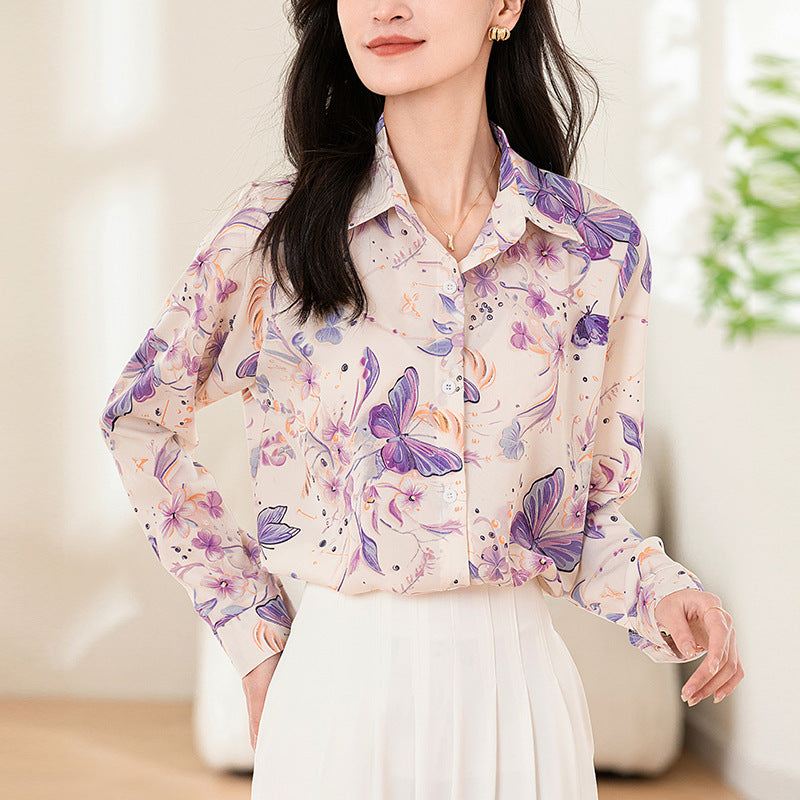 Design Sense Niche Long Sleeve Non-ironing Draping Vertical And Smooth Printed Top Shirt
