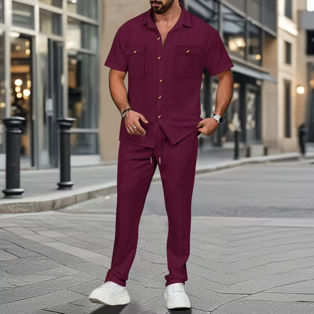 Men’s Button Pocket Short Sleeve Shirt & Trouser Co-Ord Set – NYLIXA Summer Casual Two-Piece Outfit