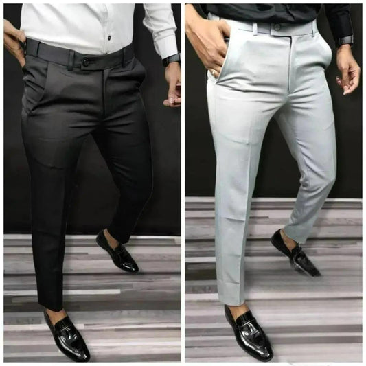 Pack of 2 Men’s Slim Fit Formal Trousers – Lycra Fabric, Solid Colors, Office Wear (Multicolor)