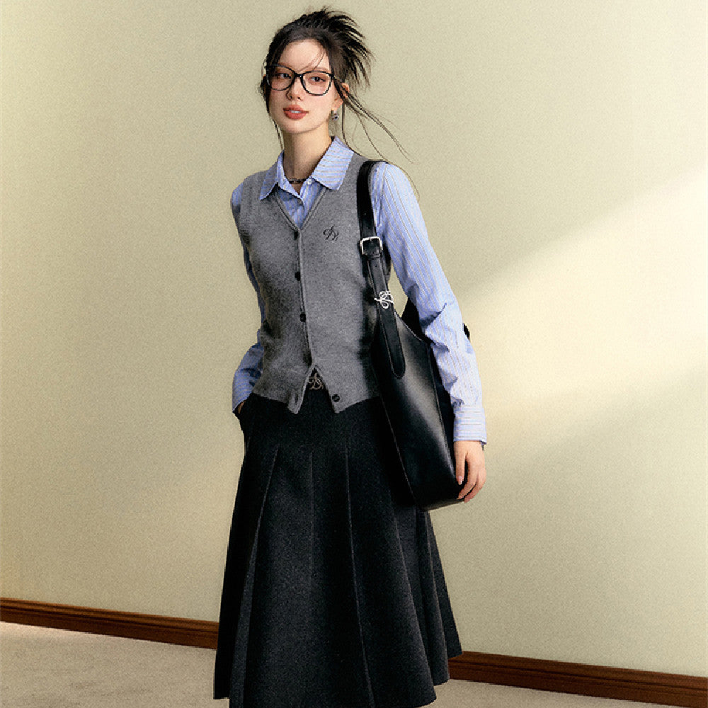 College Style Striped Lapel Shirt, Waist Cinched Long Sleeved Top