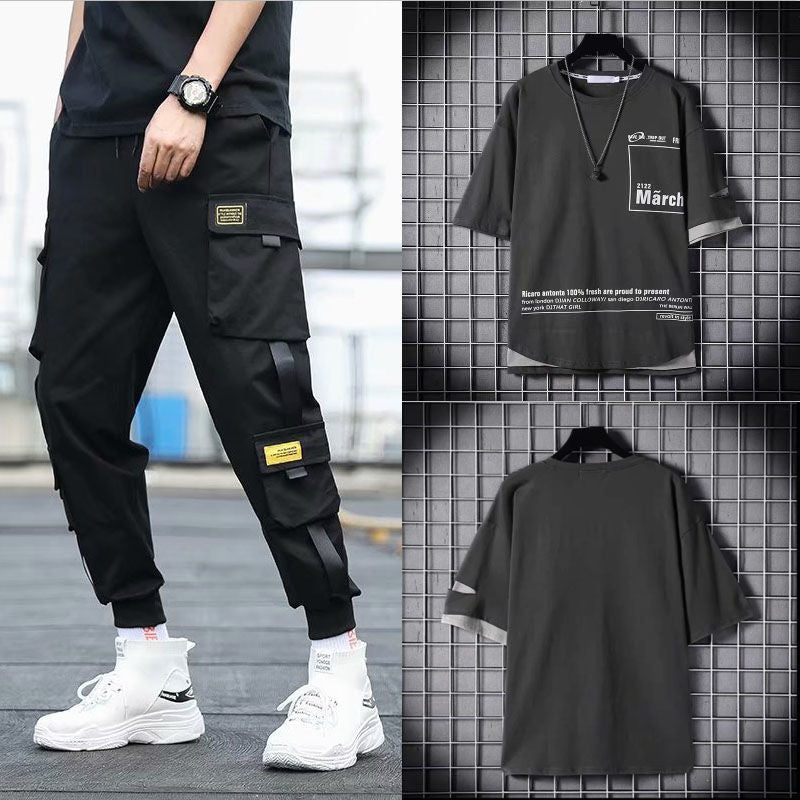 Men’s Two-Piece Hip-Hop Summer Set – Loose Overalls with Hooded Top