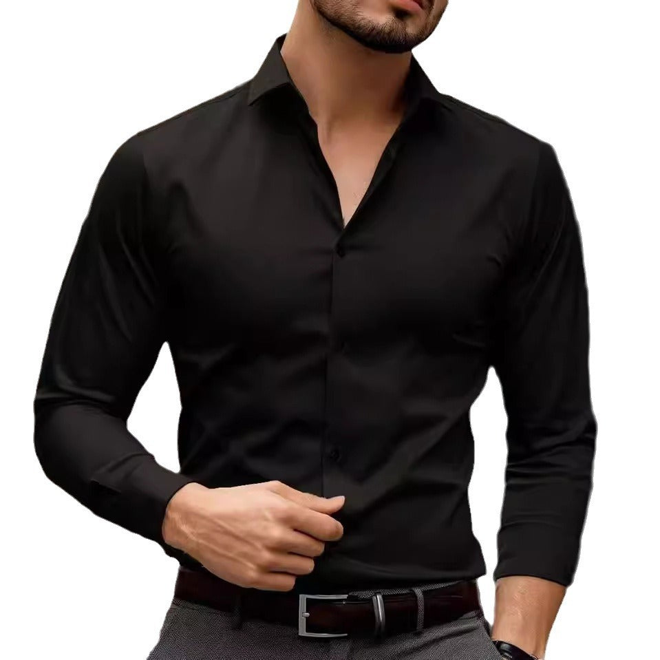 Men’s Solid-Color Long-Sleeve Lapel Business Shirt – Casual Elegance