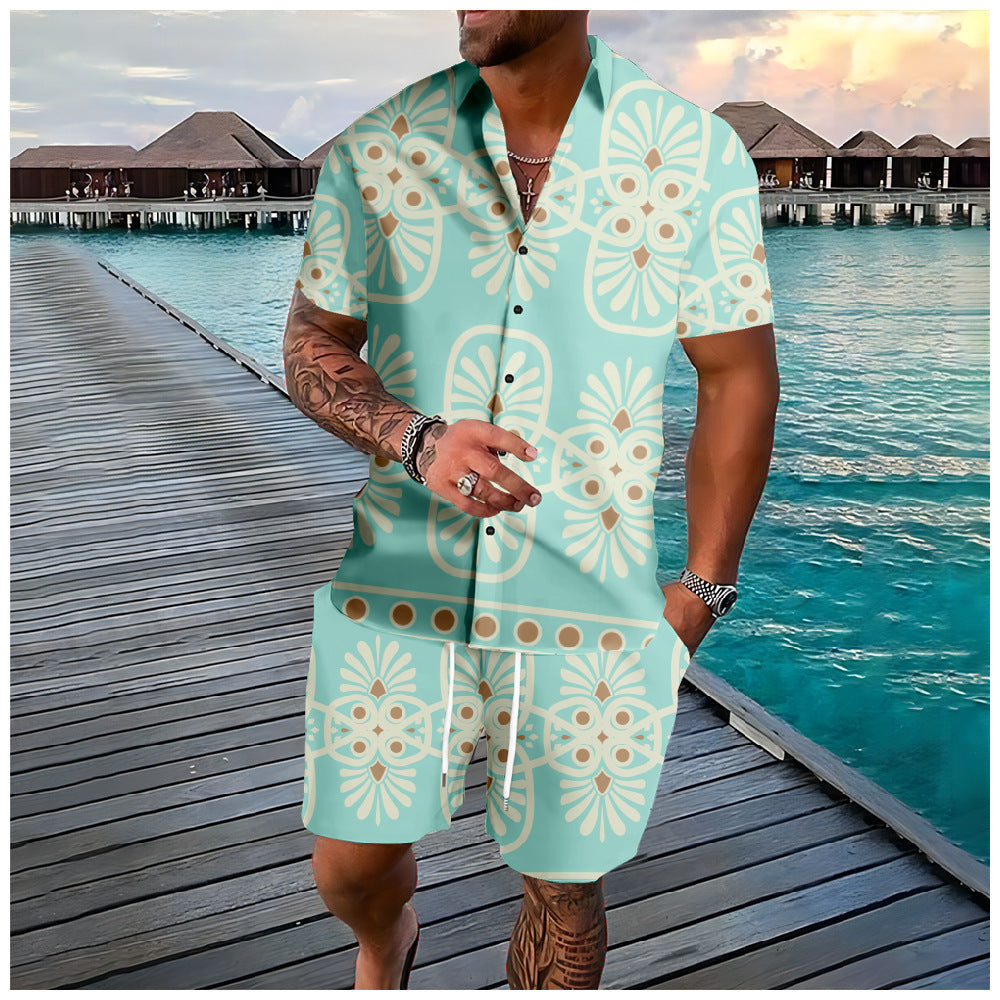 Men’s Coconut Tree 3D-Print Beach Two-Piece Set – Shirt & Shorts Vacation Outfit