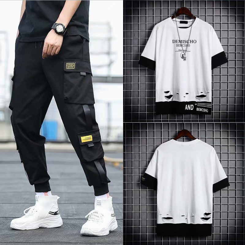 Men’s Two-Piece Hip-Hop Summer Set – Loose Overalls with Hooded Top