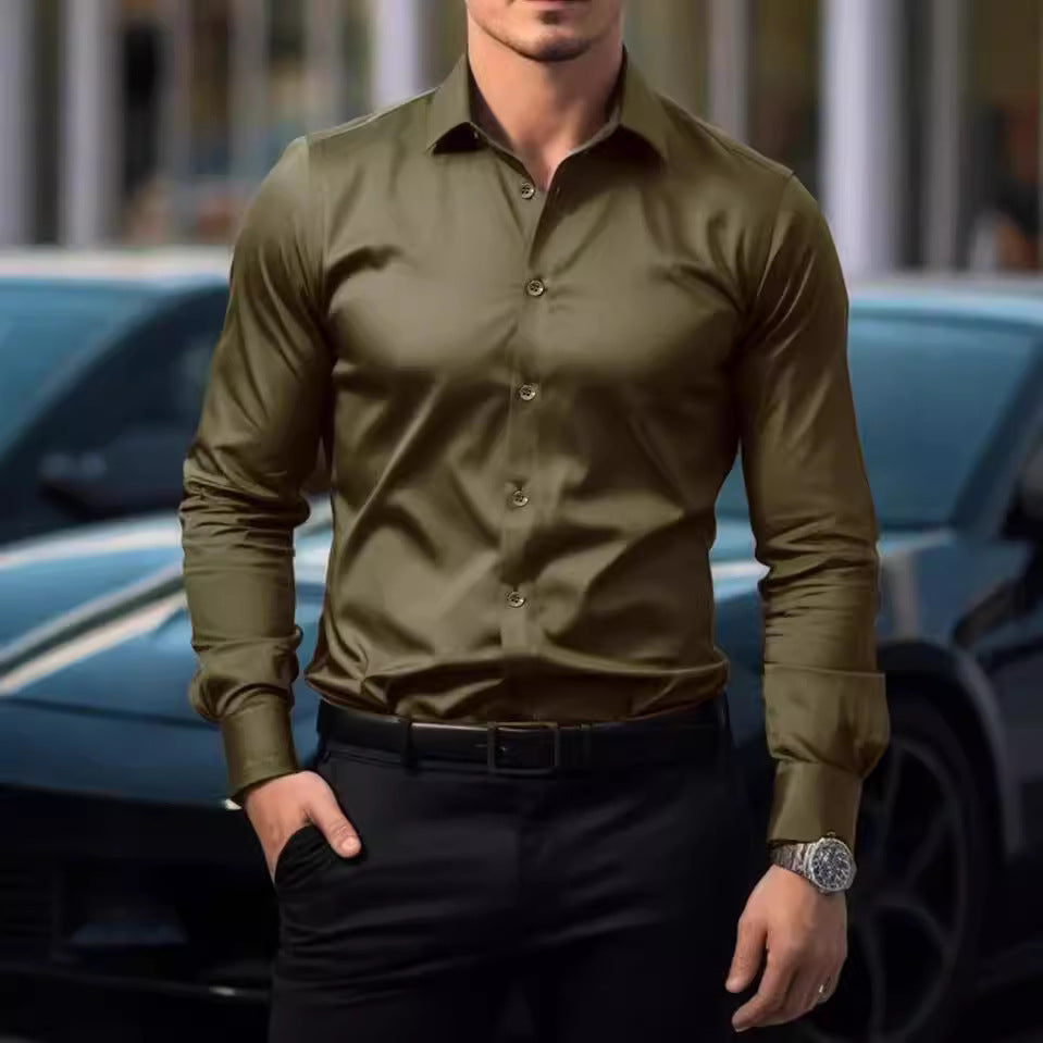 Men’s Solid-Color Long-Sleeve Lapel Business Shirt – Casual Elegance