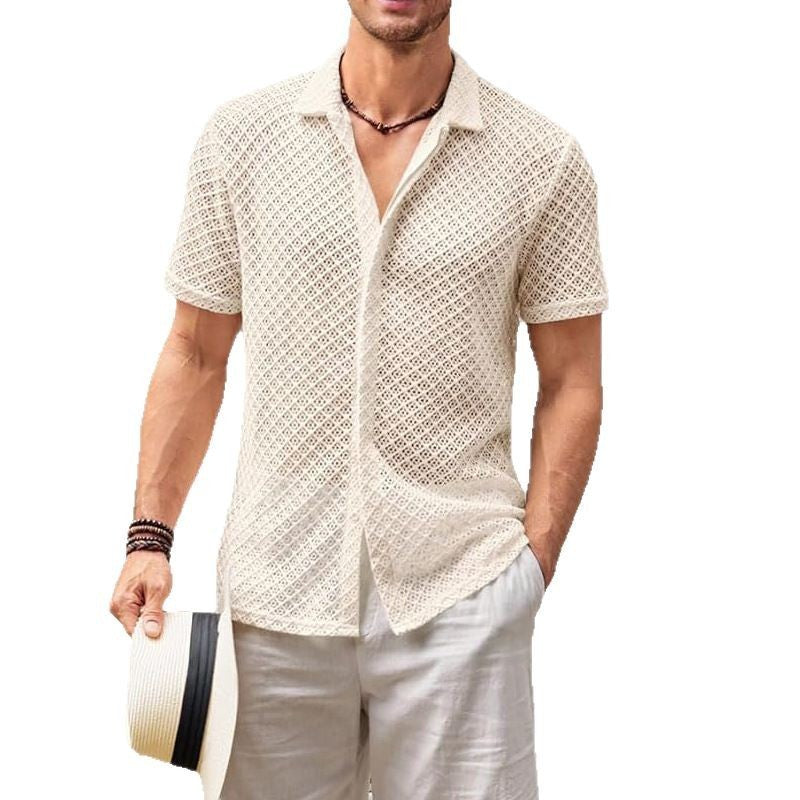 Men’s Summer Mesh Short Sleeve Shirt – Solid Color Lapel Beach Top