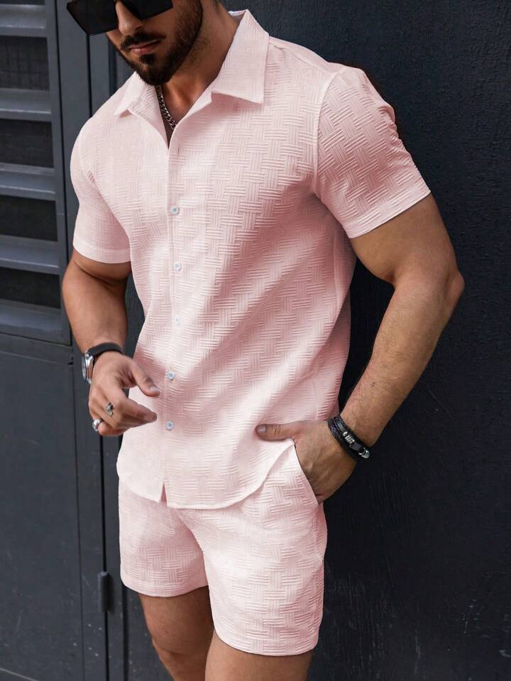 Men’s Vintage Textured Two-Piece Beach Set – Casual Short-Sleeve Shirt & Shorts