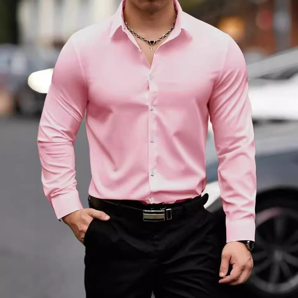 Men’s Solid-Color Long-Sleeve Lapel Business Shirt – Casual Elegance