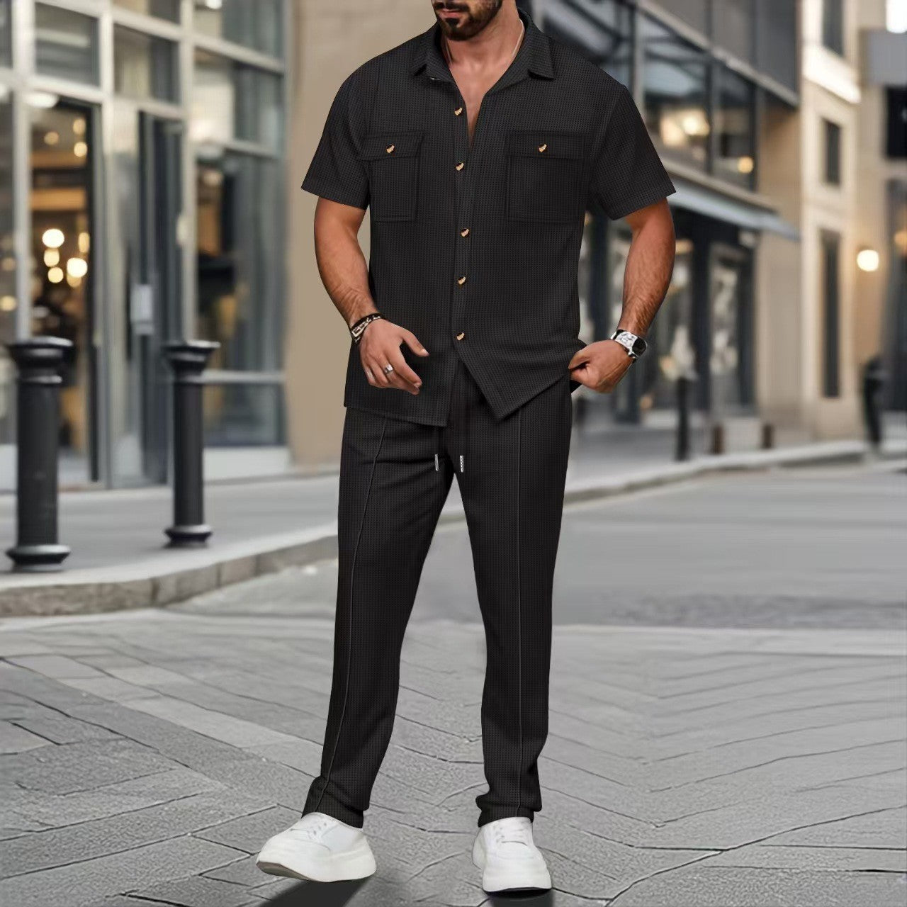 Men’s Button Pocket Short Sleeve Shirt & Trouser Co-Ord Set – NYLIXA Summer Casual Two-Piece Outfit