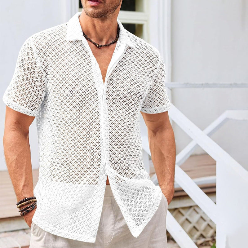 Men’s Summer Mesh Short Sleeve Shirt – Solid Color Lapel Beach Top