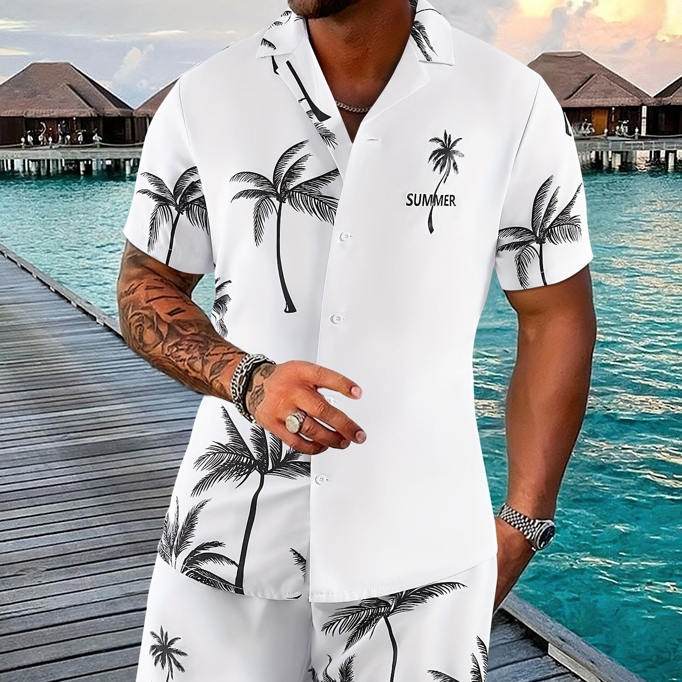 Men’s Coconut Tree 3D-Print Beach Two-Piece Set – Shirt & Shorts Vacation Outfit