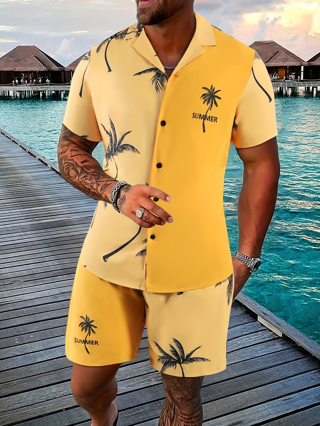Men’s Coconut Tree 3D-Print Beach Two-Piece Set – Shirt & Shorts Vacation Outfit