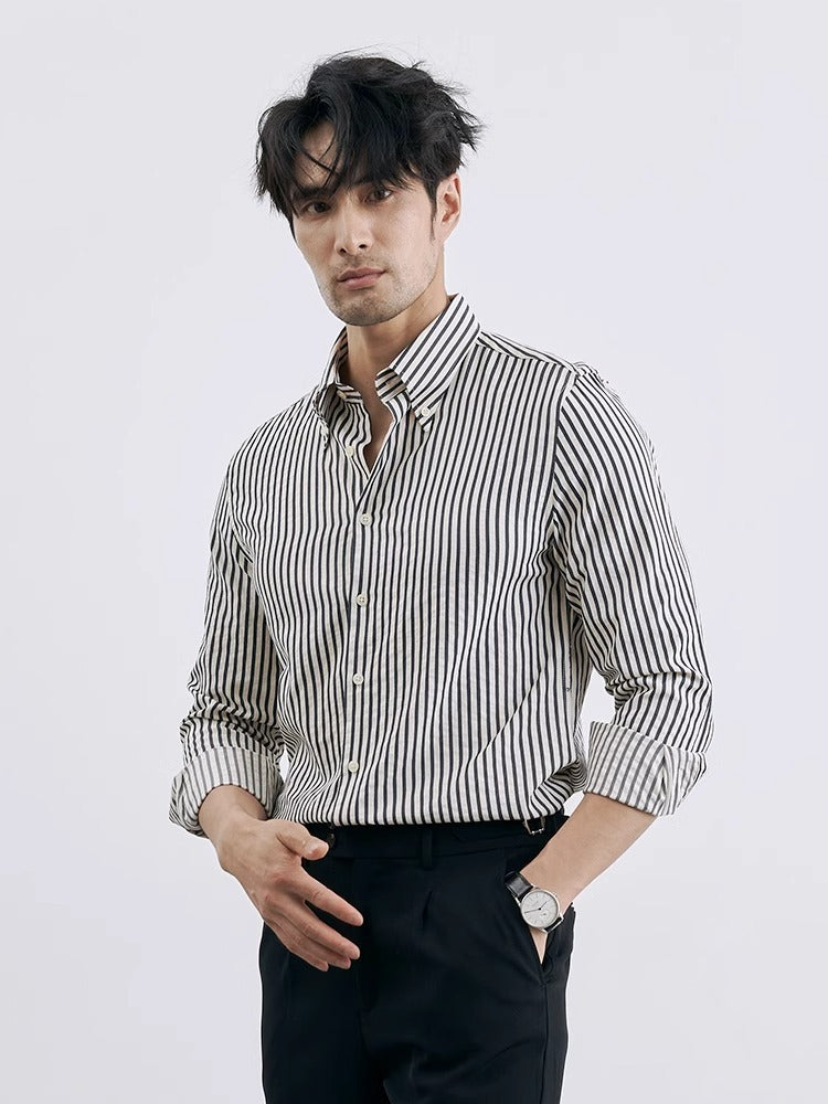 Men’s Korean-Style Vertical Stripe Business Casual Shirt – Modern Slim Fit