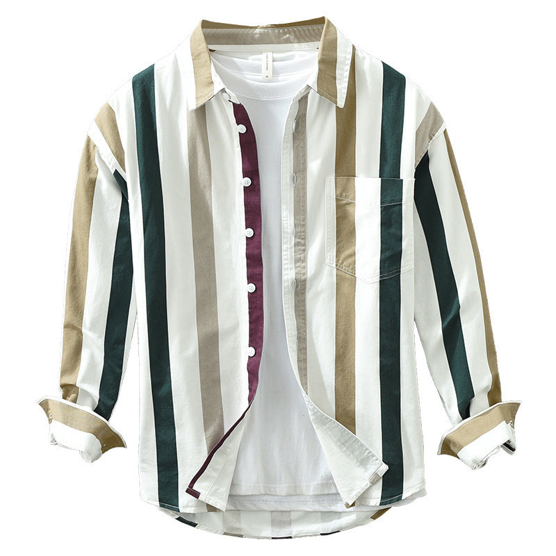 Men’s Loose Striped Long Sleeve Shirt – Artistic Square-Collar Casual Top