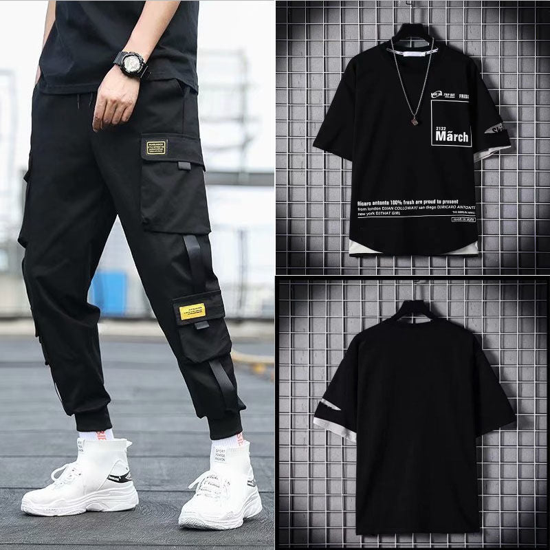 Men’s Two-Piece Hip-Hop Summer Set – Loose Overalls with Hooded Top