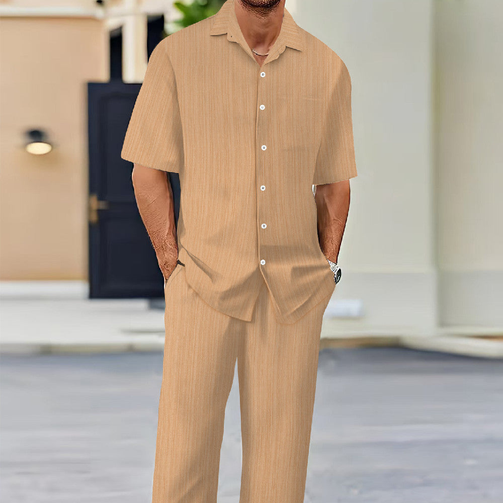 Men’s Solid-Color Short-Sleeve Fashion Suit – Lightweight Summer Two-Piece Set