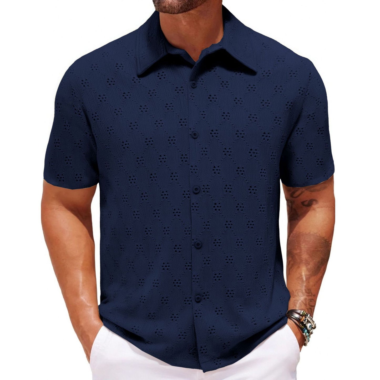 Men’s Hollow Jacquard Short-Sleeve Shirt – Breathable Summer Knit