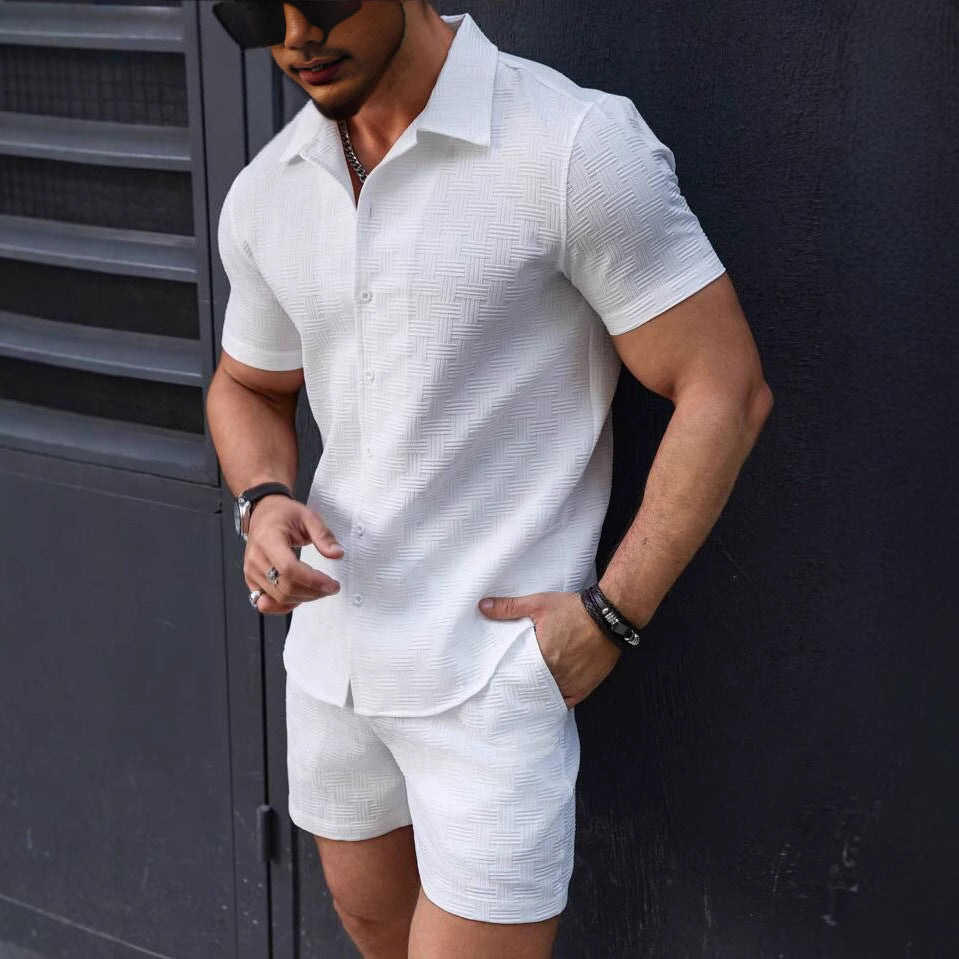 Men’s Vintage Textured Two-Piece Beach Set – Casual Short-Sleeve Shirt & Shorts