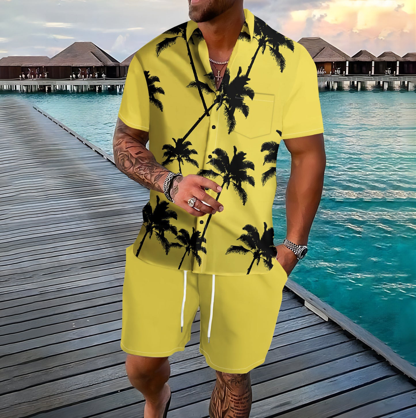 Men’s Coconut Tree 3D-Print Beach Two-Piece Set – Shirt & Shorts Vacation Outfit