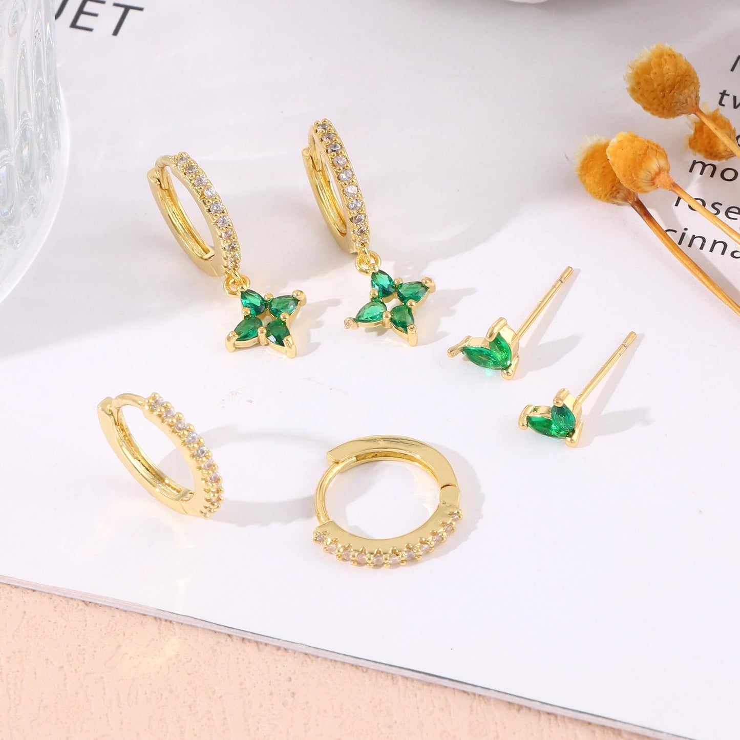 Green Inlaid Zircon Fashion Women's Earrings Three-piece Set