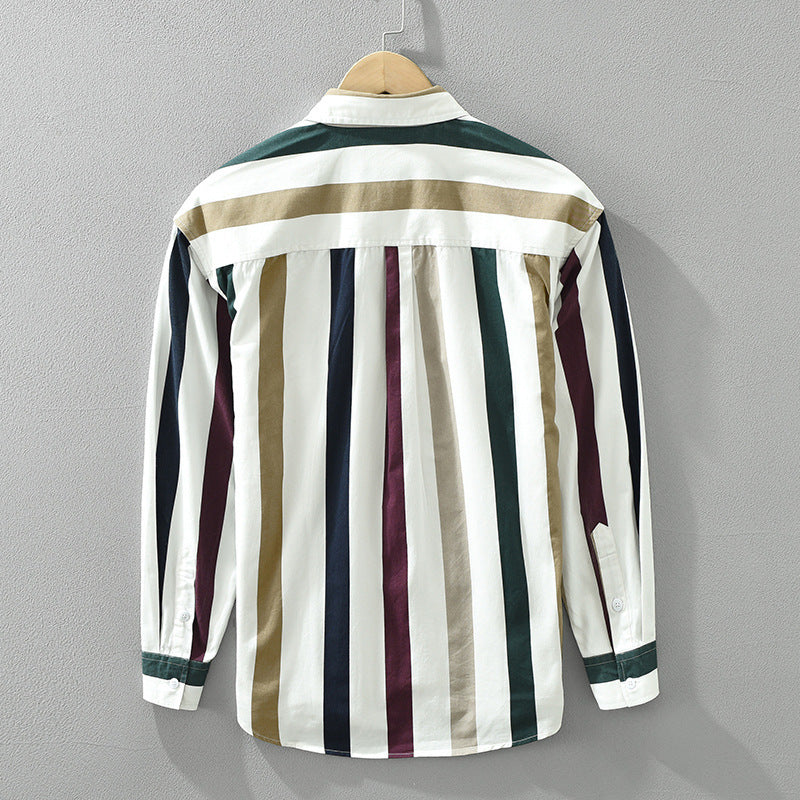 Men’s Loose Striped Long Sleeve Shirt – Artistic Square-Collar Casual Top