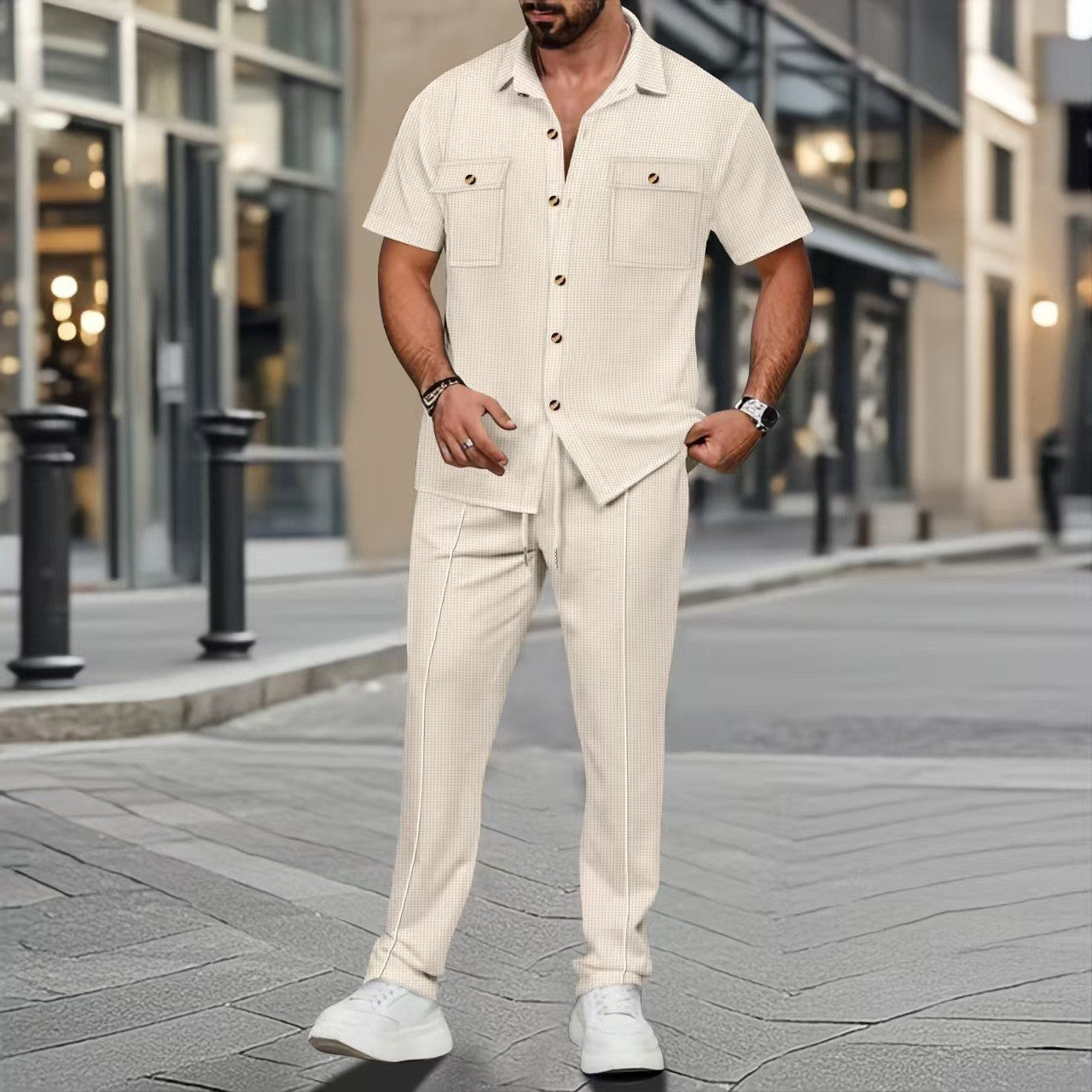 Men’s Button Pocket Short Sleeve Shirt & Trouser Co-Ord Set – NYLIXA Summer Casual Two-Piece Outfit