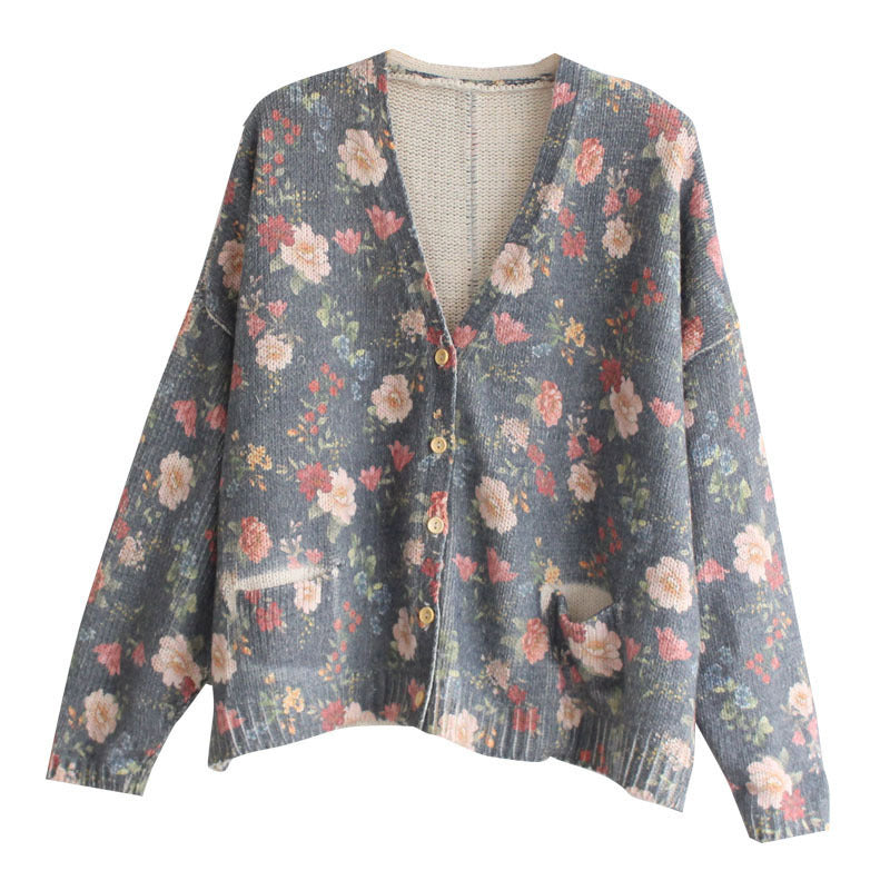 V-neck long sleeve printed knit cardigan sweater