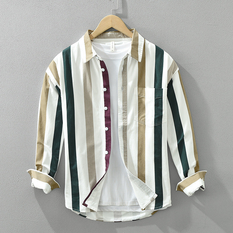 Men’s Loose Striped Long Sleeve Shirt – Artistic Square-Collar Casual Top