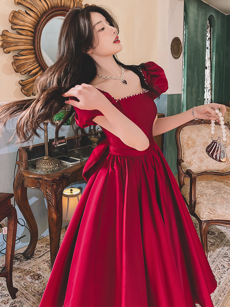 Regal Romance Puff Sleeve Pearl-Trimmed Dress – Wine Red
