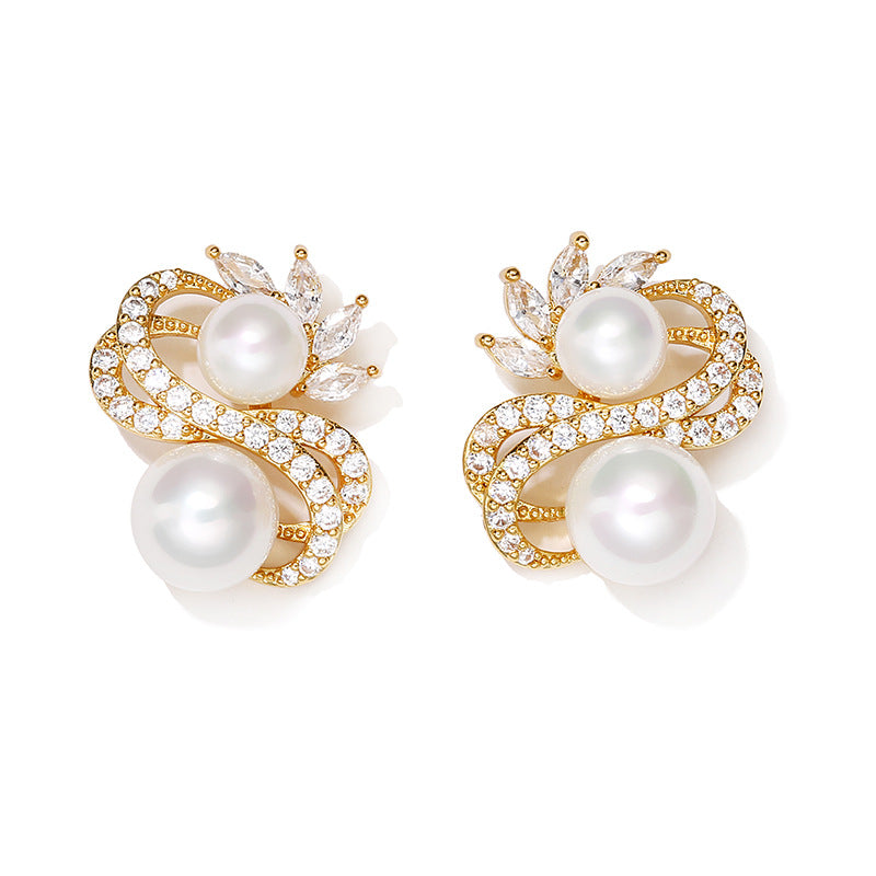 Silver Needle Pearl Earrings S-shaped Drop Zircon Temperament