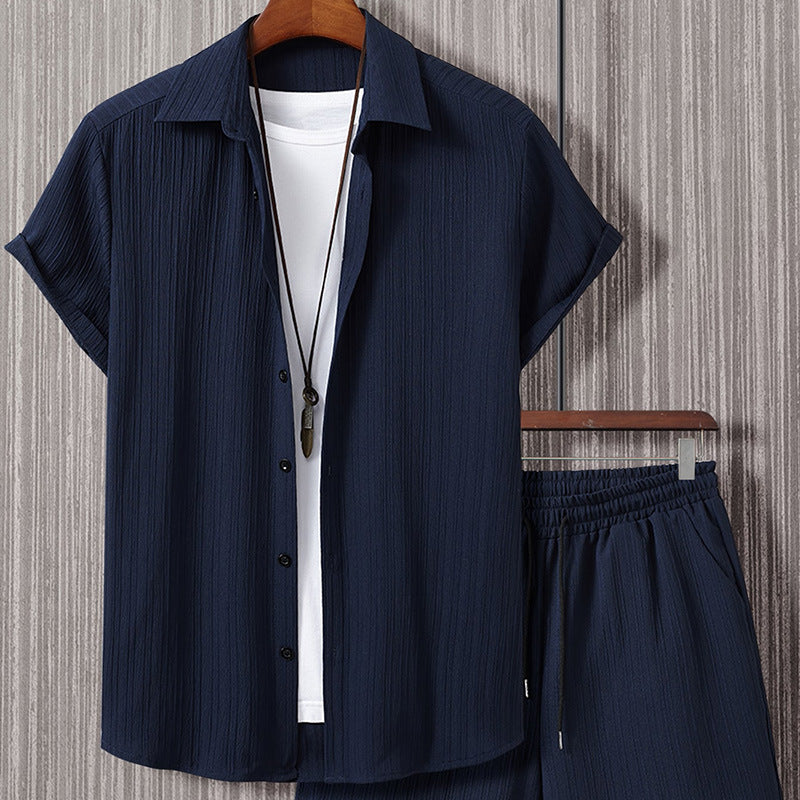 Men’s Striped Short-Sleeve Lapel Shirt & Shorts Set – Lightweight Summer Co-Ord