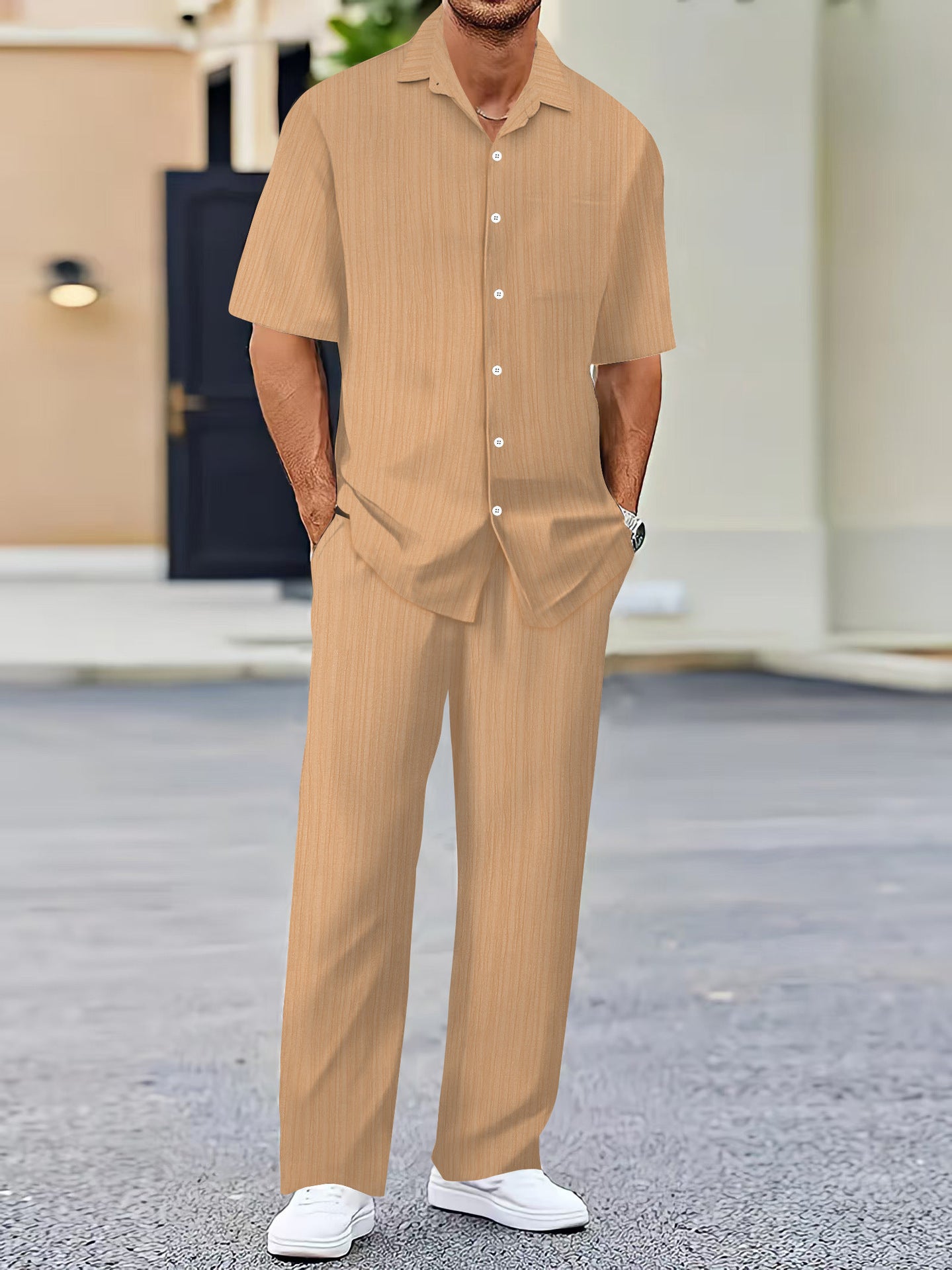 Men’s Solid-Color Short-Sleeve Fashion Suit – Lightweight Summer Two-Piece Set