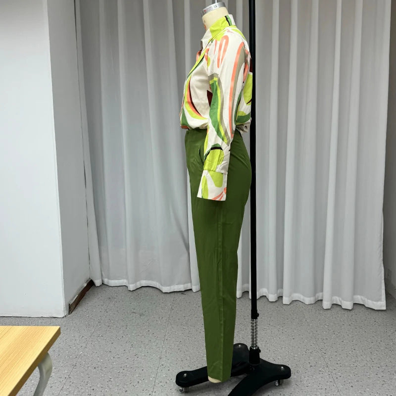 Printed Shirt Slim Trousers Casual Two-piece Suit
