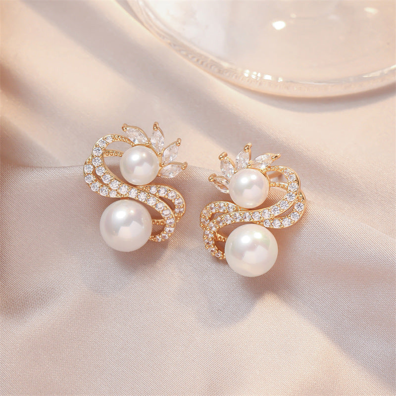 Silver Needle Pearl Earrings S-shaped Drop Zircon Temperament